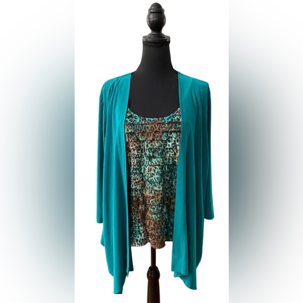 R&K: Green Cardigan Sweater Shirt with Leopard Print Ruffle Tiered Shirt